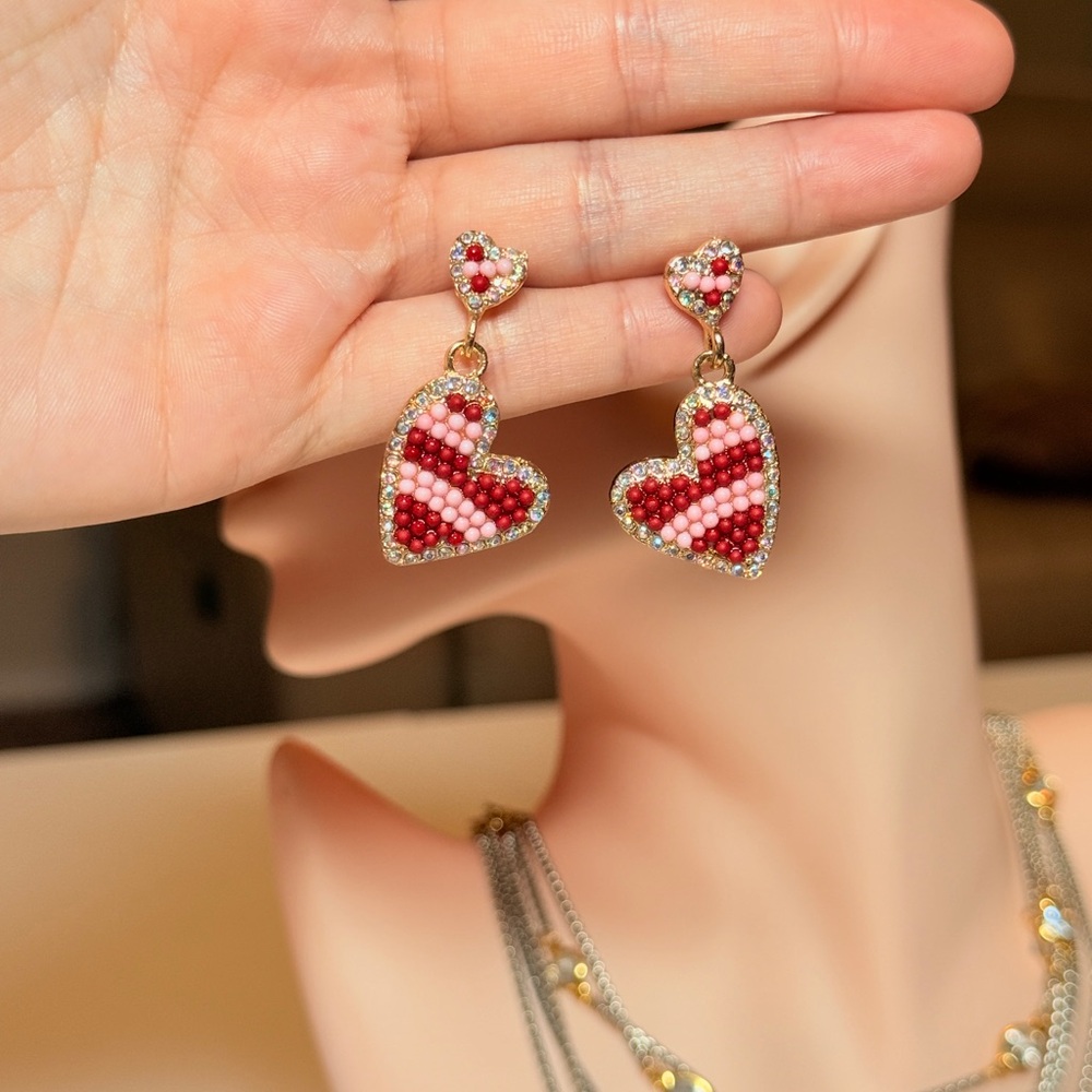 Red Beaded Heart Drop Earrings - Women Jewelry - Picture 10 of 11